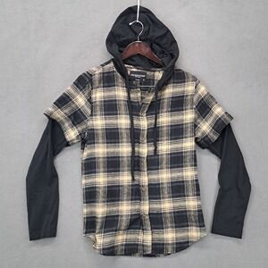 Straight Faded NY Small Flannel Shirt Long Sleeve Hooded Plaid Button Down